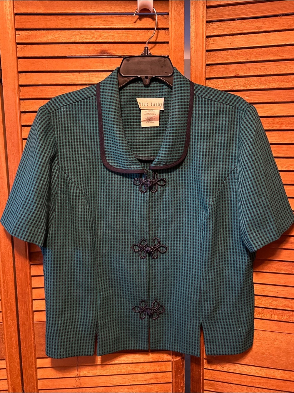 Vintage Navy Blue and Teal Checkered Short Sleeve Button Top/Jacket